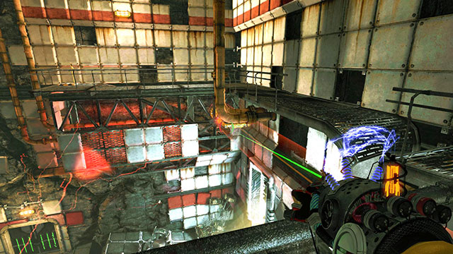 Stan as on the screen above and fire at the platform behind pipes with green charge - Reflection - Walkthrough - Act II - Magrunner: Dark Pulse - Game Guide and Walkthrough