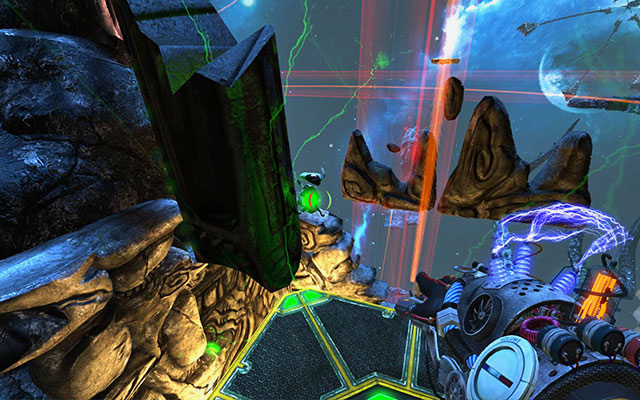 Be ready and when you approach a flying column, (screen above), set up green Newton on it - Gruckezberg Continuum - Walkthrough - Act III - Magrunner: Dark Pulse - Game Guide and Walkthrough