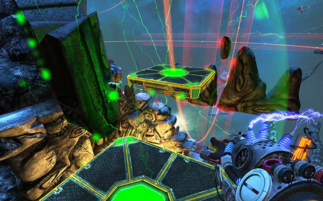 Wait for the platform to be pulled by Newton, walk on it and fire red charge - Gruckezberg Continuum - Walkthrough - Act III - Magrunner: Dark Pulse - Game Guide and Walkthrough