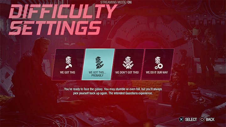 The Guardians of the Galaxy game has 3 main difficulty levels - they are equivalent to low, medium and high levels - Guardians of the Galaxy: Difficulty levels - Basics - Guardians of the Galaxy Guide