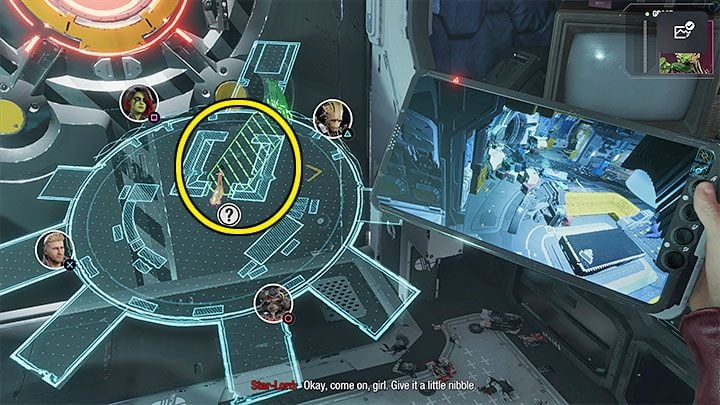 The Lama must eventually reach the green area (marked in the attached screenshot) to cut the wires and free the heroes - Guardians of the Galaxy: Chapter 10 - walkthrough, solution - Walkthrough - Guardians of the Galaxy Guide