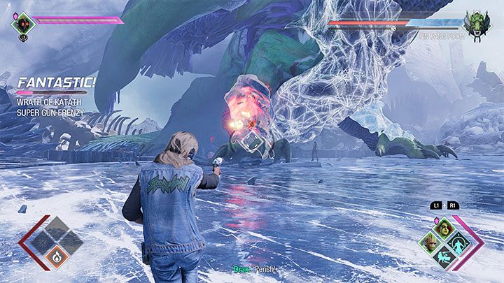 During the first phase of the encounter, your priority is to destroy ice armor fragments, located on his chest, claws, and head - Guardians of the Galaxy: Chapter 13 - walkthrough, solution - Walkthrough - Guardians of the Galaxy Guide