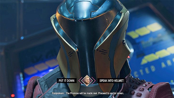 Option 2 assumes putting the helmet on and speaking up (right behavior option) - This will cause the enemy to know about your arrival and determine your whereabouts - Guardians of the Galaxy: Important choices - Chapter 5 - Important choices - Guardians of the Galaxy Guide