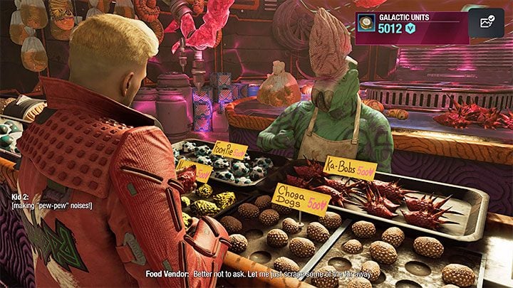 Food vendor offers many types of food, which you can buy for 500 credits a piece - Guardians of the Galaxy: Important choices - Chapter 6 - Important choices - Guardians of the Galaxy Guide