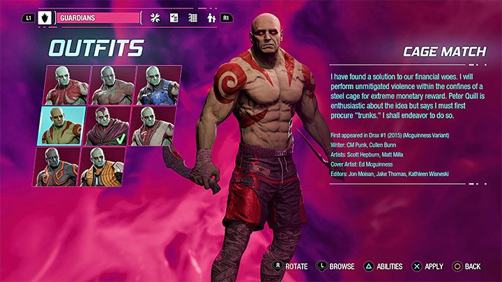 This outfit can be found as a secret in Chapter 8 - Guardians of the Galaxy: Drax - outfits - Costumes - Guardians of the Galaxy Guide