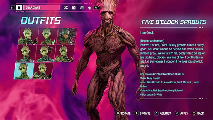 This outfit can be found as a secret in Chapter 13 - Guardians of the Galaxy: Groot - outfits - Costumes - Guardians of the Galaxy Guide