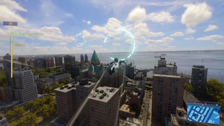 In this task, you must ascend high into the air and position 5 turbines - Spider-Man 2: All EMF Experiments - plants puzzles - Secrets and Collectibles - Spider Man 2 Guide