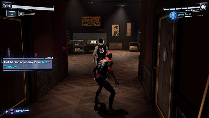 Jump down, sneak behind the enemys back and perform a Stealth Takedown - Marvels Spider-Man: Dont Touch The Art - walkthrough - Main missions - Spider-Man Game Guide