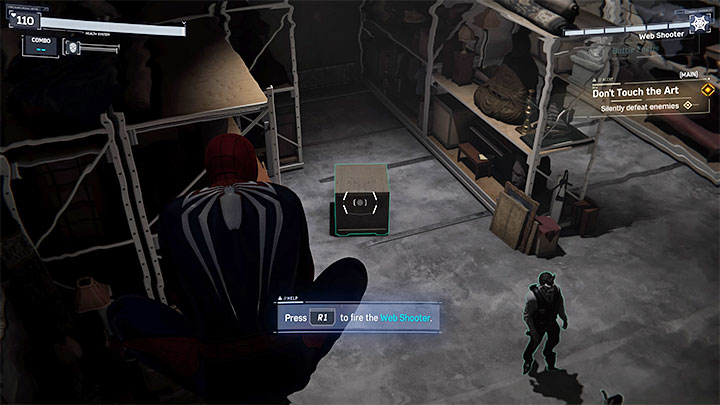 Exit the shaft, aim at the crate from the picture and shoot the web towards it - Marvels Spider-Man: Dont Touch The Art - walkthrough - Main missions - Spider-Man Game Guide