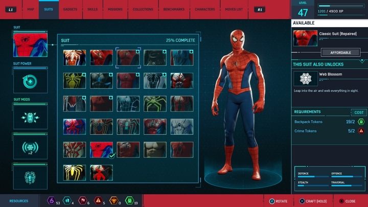 Crafting costs: 2 Backpack Tokens, 2 Crime Tokens - Marvels Spider-Man: All in-game suits - Suits and Gadgets - Spider-Man Game Guide