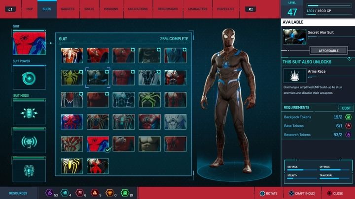 Crafting costs: 2 Research Tokens, 1 Base Token, 3 Backpack Tokens - Marvels Spider-Man: All in-game suits - Suits and Gadgets - Spider-Man Game Guide