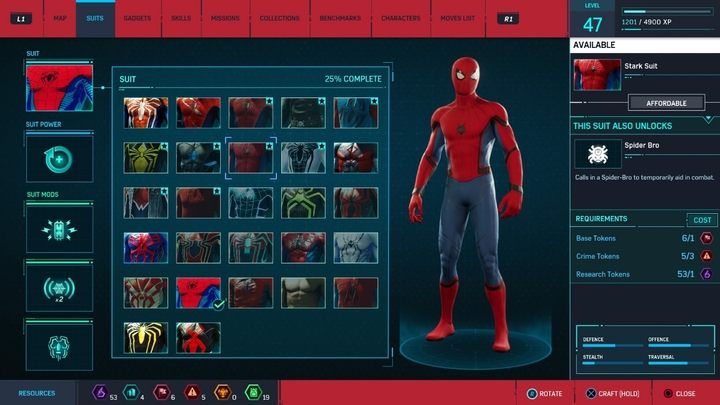 Crafting costs: 1 Research Token, 1 Base Token, 3 Crime Tokens - Marvels Spider-Man: All in-game suits - Suits and Gadgets - Spider-Man Game Guide