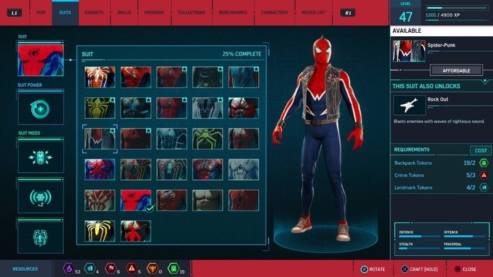 Crafting costs: 2 Landmark Tokens, 2 Backpack Tokens, 3 Crime Tokens - Marvels Spider-Man: All in-game suits - Suits and Gadgets - Spider-Man Game Guide