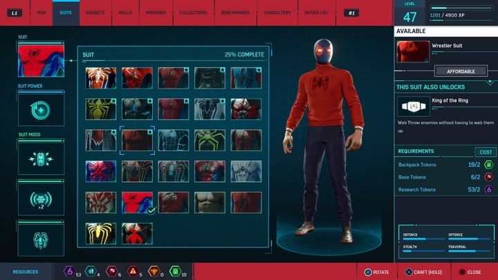 Crafting costs: 2 Research Tokens, 2 Base Tokens, 2 Backpack Tokens - Marvels Spider-Man: All in-game suits - Suits and Gadgets - Spider-Man Game Guide