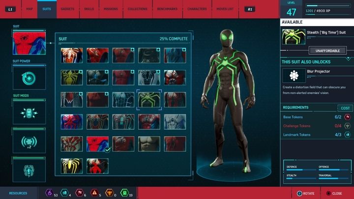 Crafting costs: 2 Base Tokens, 3 Landmark Tokens, 4 Challenge Tokens - Marvels Spider-Man: All in-game suits - Suits and Gadgets - Spider-Man Game Guide