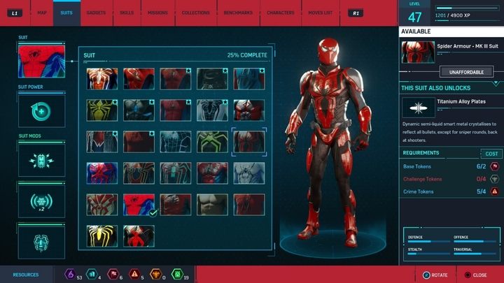 Crafting costs: 2 Base Tokens, 4 Crime Tokens, 4 Challenge Tokens - Marvels Spider-Man: All in-game suits - Suits and Gadgets - Spider-Man Game Guide