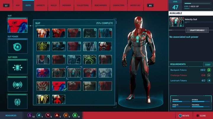 Crafting costs: 2 Landmark Tokens, 2 Backpack Tokens, 4 Challenge Tokens - Marvels Spider-Man: All in-game suits - Suits and Gadgets - Spider-Man Game Guide