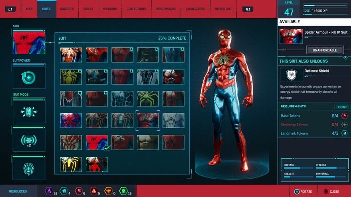 Crafting costs: 4 Base Tokens, 3 Landmark Tokens, 4 Challenge Tokens - Marvels Spider-Man: All in-game suits - Suits and Gadgets - Spider-Man Game Guide