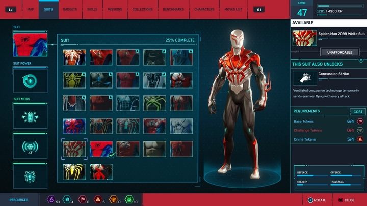 Crafting costs: 4 Base Tokens, 4 Crime Tokens, 4 Challenge Tokens - Marvels Spider-Man: All in-game suits - Suits and Gadgets - Spider-Man Game Guide