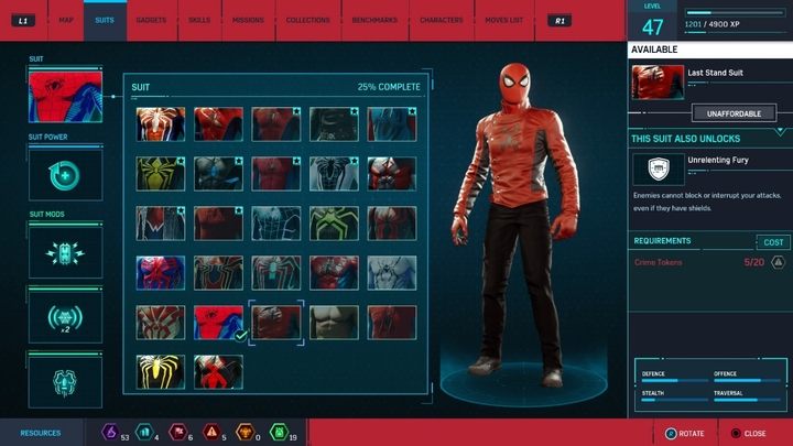 Crafting costs: 20 Crime Tokens - Marvels Spider-Man: All in-game suits - Suits and Gadgets - Spider-Man Game Guide