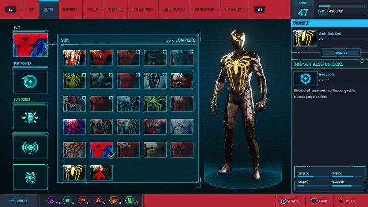 Crafting costs: This suit will be crafted automatically before the last mission in the game - Marvels Spider-Man: All in-game suits - Suits and Gadgets - Spider-Man Game Guide