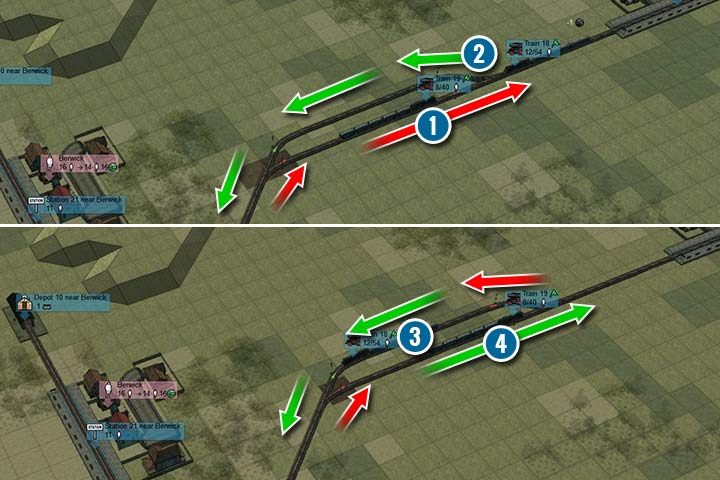 Passing loops make it easier for two trains to work. When the first train is in the passing loop, it has a red light (1). The second train is leaving the station, but it has green light for the second track (2). Only once it leaves the block between the station and the passing loop (3), the first train is able to ride into the station (4). - How do the semaphores work? | Building and management - Building and management - Mashinky Game Guide