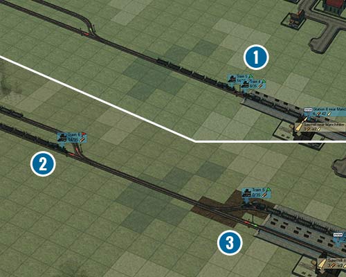 The two-directional semaphore at station (1) in the passing loop is a bad idea - Simple connections and stations | Building and management - Building and management - Mashinky Game Guide