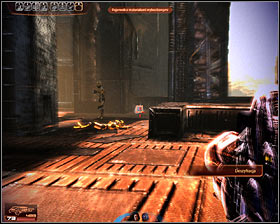 The first phase of this battle will require you to handle a small group of soldiers seen on a nearby balcony (first screenshot) - Mass Effect 2: Captured Mining Facility - N7 walkthrough - N7 quests - Mass Effect 2 Guide & Walkthrough