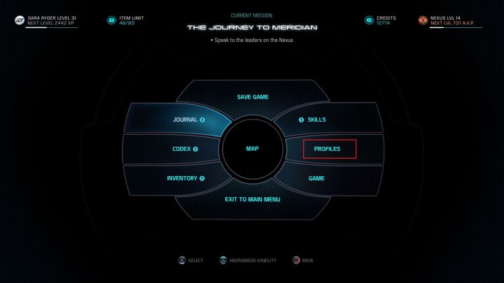 You can access the Profiles screen from the pause menu. - General information | Character profiles - Character profiles - Mass Effect: Andromeda Game Guide