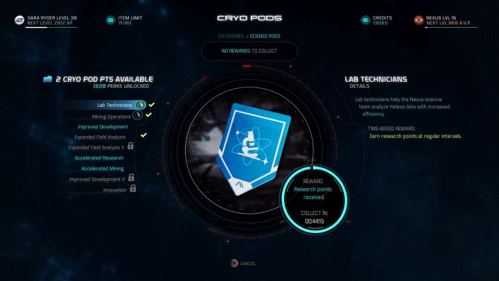 Lab Technicians will reward you with Milky Way research points. - Which cryo pod capsules should you open first and which should you avoid? - FAQ - Frequently asked questions - Mass Effect: Andromeda Game Guide