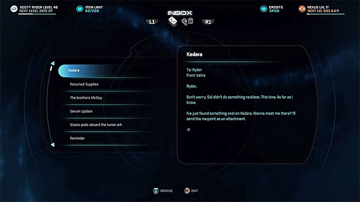 The e-mail from Vetra - Vetra Nyx: A Moment Planetside - Allies and Relationships quests - Mass Effect: Andromeda Game Guide
