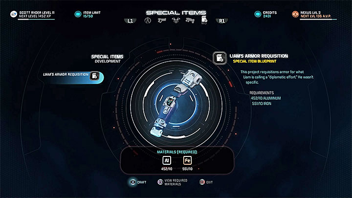 The item for Liam is in the last tab - Liam Kosta: Armor Diplomacy | Allies and Relationships - Allies and Relationships quests - Mass Effect: Andromeda Game Guide