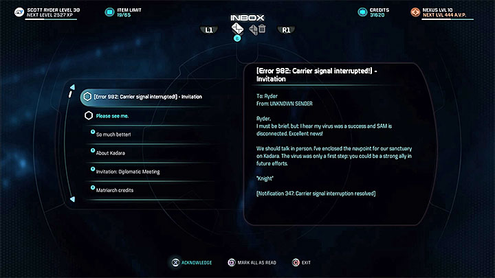 An e-mail from Knight - The Firefighters | Nexus side quests - Nexus - Mass Effect: Andromeda Game Guide