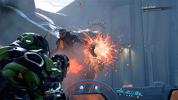 A Cardinal is an ascendant - this means that she is surrounded by a force field mitigating most of the damage dealt - A Trail of Hope | Priority Ops - Priority Ops (Main quests) - Mass Effect: Andromeda Game Guide