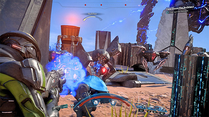 Remember to always defeat all of the regular bots before you can weaken the Architect again - How to defeat the Eos Remnant Architect? | Boss fights | Walkthrough - Boss battles - Mass Effect: Andromeda Game Guide