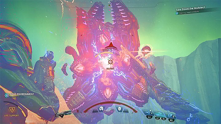 When it becomes possible you must weaken the cables on the Architects head - How to defeat the Voeld Remnant Architect? | Boss fights | Walkthrough - Boss battles - Mass Effect: Andromeda Game Guide