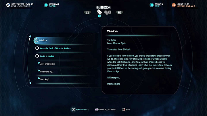 The e-mail from Moshae Sjefa - Additional tasks | Aya side quests - Aya - Mass Effect: Andromeda Game Guide