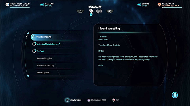 You must receive Avelas message - Additional tasks | Aya side quests - Aya - Mass Effect: Andromeda Game Guide