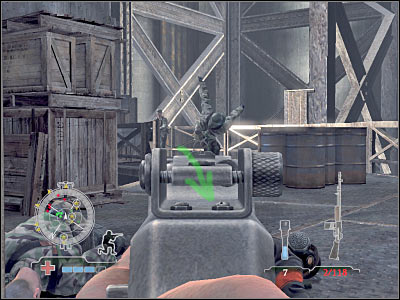 Once you've successfully defended your position against enemy attacks, turn right and start moving forward - Disable Ammunition Lift Controls #2 - Operation Der Flakturm - Medal of Honor: Airborne - Game Guide and Walkthrough