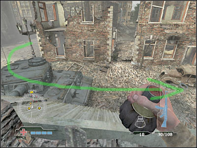 You won't have to be precise here, especially since the tank is near your position - Knock-out Roving Tiger Tank - Operation Market Garden - Medal of Honor: Airborne - Game Guide and Walkthrough