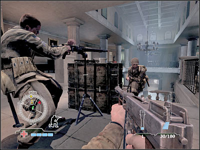 The second German officer is hiding in one of the rooms to your left which is located directly above the room with the first (killed) officer - Eliminate German officers - part 2 - Operation Husky - Medal of Honor: Airborne - Game Guide and Walkthrough