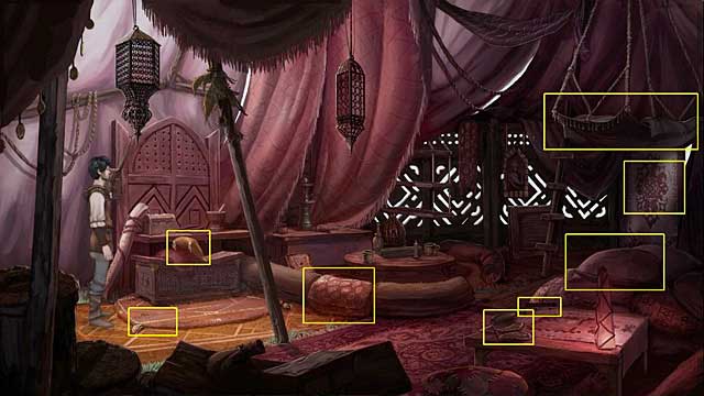Look for a key to the chest by checking: a pillow on the chest, a rug under the chest, a cushion near the round table, a small box on the right table, bed or a hammock - Find a way to the clearing - Chapter II - Memoria - Game Guide and Walkthrough