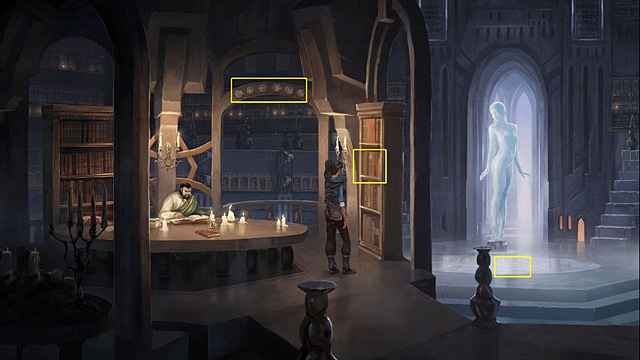 Go to the reading room and use the sphere of elements ( - Find all six spirits of elements and three secret chambers - Chapter V - Memoria - Game Guide and Walkthrough