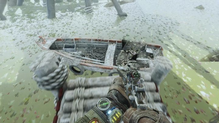 After using the lever, reach the bottom floor quietly and start moving towards the boat - Metro Exodus: Stealing a boat and visiting the Admiral - walkthrough - Taiga - Metro Exodus Guide