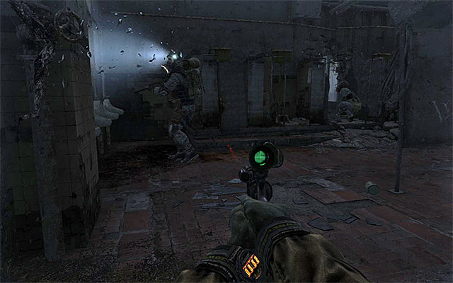 Remain where you have found the item, because two enemies will enter the toilet in a moment - Find about the plans of the Red Line troops | Chapter 25: Depot - Chapter 25: Depot - Metro: Last Light Game Guide