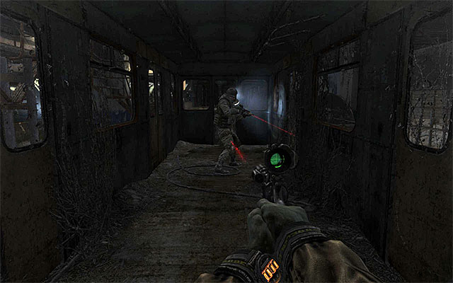 After you pass the area monitored by the guards, turn left and enter the closest railway car - Find about the plans of the Red Line troops | Chapter 25: Depot - Chapter 25: Depot - Metro: Last Light Game Guide