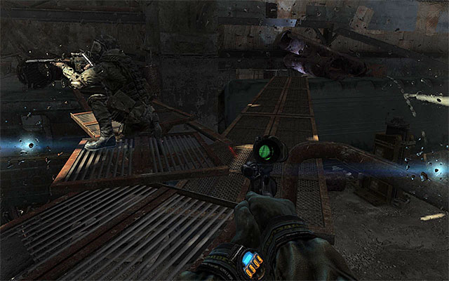 Once you get onto the catwalks, go to the right and sneak behind the back of a sniper (also this one youd better leave alone) - Find about the plans of the Red Line troops | Chapter 25: Depot - Chapter 25: Depot - Metro: Last Light Game Guide