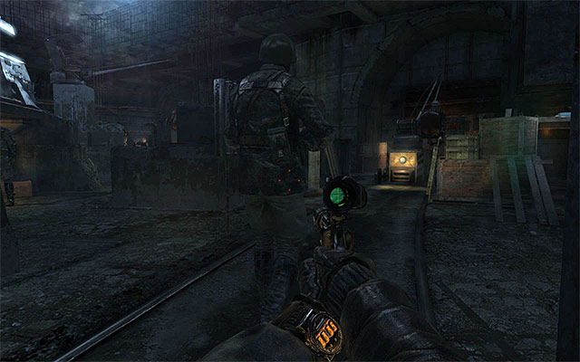 Start by going east and walk around the railway engine from the southern side - Find a way through the armory | Chapter 11: Revolution - Chapter 11: Revolution - Metro: Last Light Game Guide