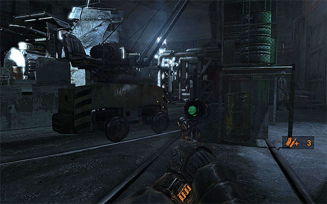 You do not really have to rack your brain for possible strategy, because the operator will soon climb down the crane and go to the toilet - Find a way through the armory | Chapter 11: Revolution - Chapter 11: Revolution - Metro: Last Light Game Guide