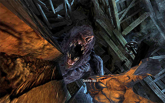 In the final phase of your ride, be ready for the rhythmical tapping of the correct key indicated by the game, thanks to which you will handle the last one of the mutants - Follow the catacombs towards Oktyabrskaya - part 1 | Chapter 18: Undercity - Chapter 18: Undercity - Metro: Last Light Game Guide